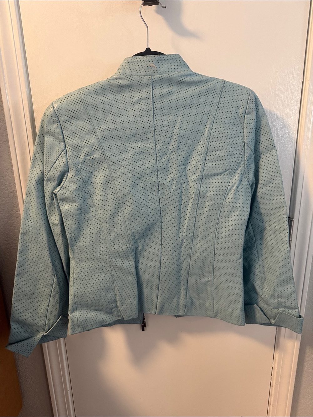 Pamela McCoy Aqua Perforated Leather Zip-Front Jacket - Picture 6 of 7